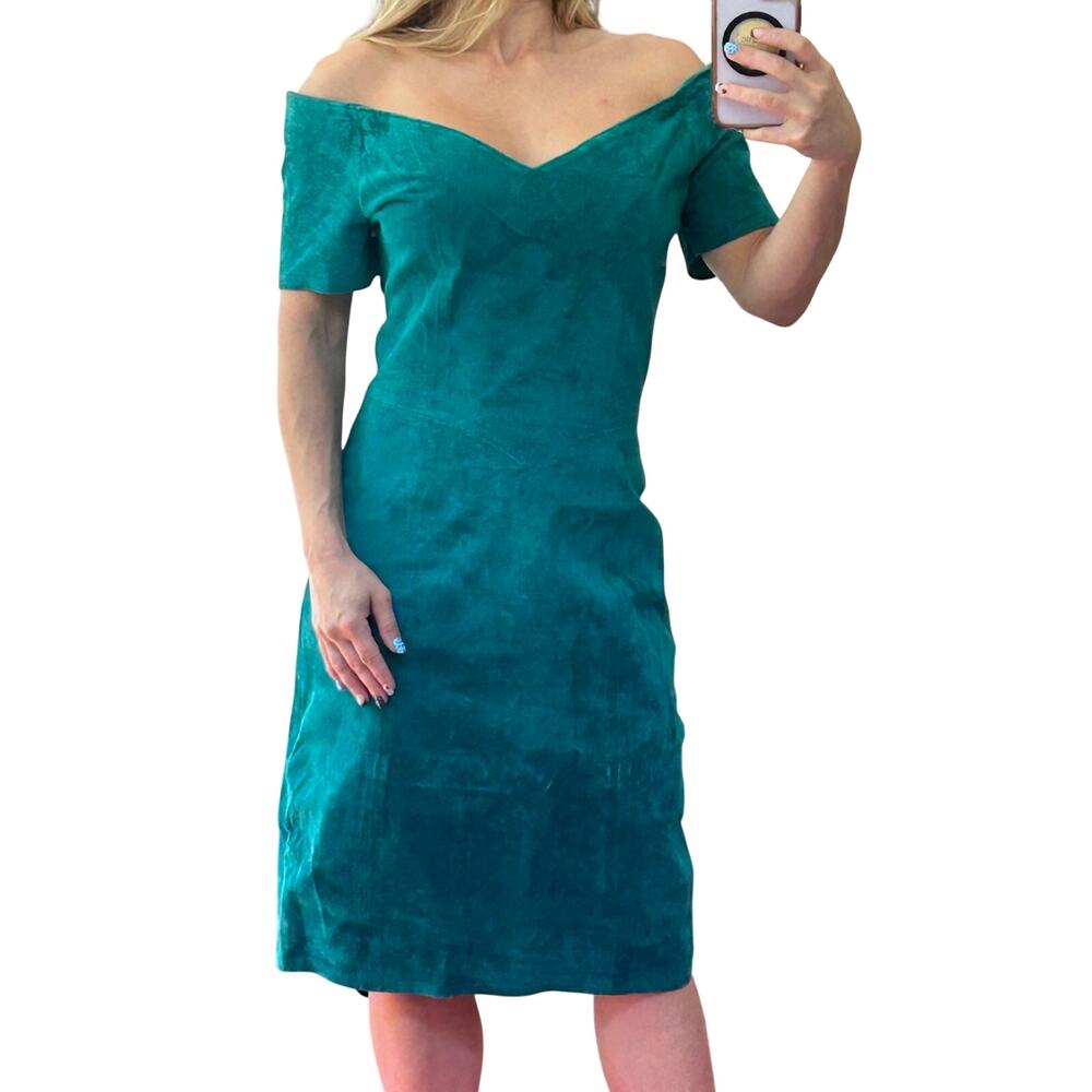 Vintage 90s Firenze Santa Barbara Teal Green Suede Off-the-Shoulder Dress S